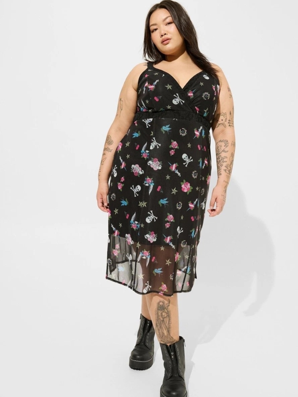 Torrid Betsy Johnson Black Mesh Midi Dress with Skulls Roses Cherries Birds Plus